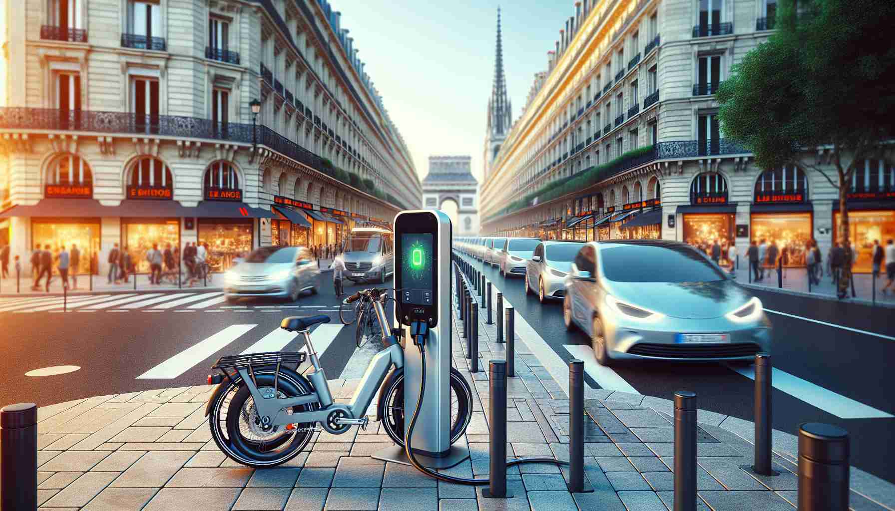 Generate a realistic, high-definition image featuring the new trending phenomenon in France - compact electric bicycles. Show these modern bikes with an innovative design, plugged into charging stations across the busy streets of a French city, symbolizing a mix of technology and sustainability. The city's iconic architecture and ambient street life should form the backdrop of the scene. Capture the essence of change that these compact power bikes have brought to the urban, eco-conscious lifestyle.