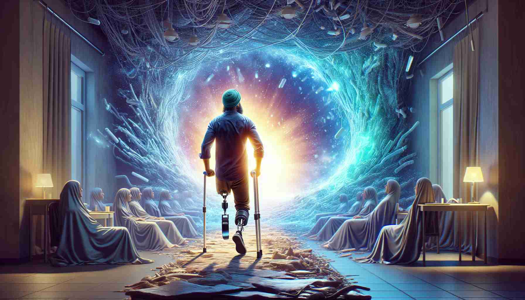 A vividly detailed, high definition image showing a man's awe-inspiring journey to mobility. The scene illustrates a pivotal, breathtaking moment where his journey takes an unexpected but stunning turn. The man could be taking his first steps with the help of a prosthetic limb in a room filled with light, symbolizing hope and resilience. The man is Middle-Eastern and displays a range of emotions - from determination and struggle to relief and joy.