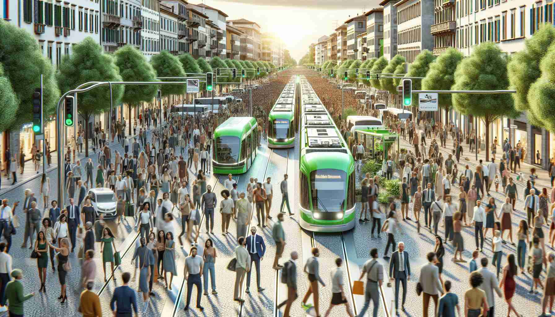 An HD-quality image showcasing a significant, green transportation revolution in a city similar to Cremona. The scene is buzzing with excitement and activity, testifying the groundbreaking development in public transportation. Environmentally friendly, cutting-edge technologies, such as electric buses or solar-powered trams, dot the streets, embraced by the citizens. Diverse crowds of people - men, women, children of Caucasian, Hispanic, Black, Middle-Eastern and South Asian descent are seen positively engaging with the updated transit systems, embodying a thriving, sustainable urban lifestyle.