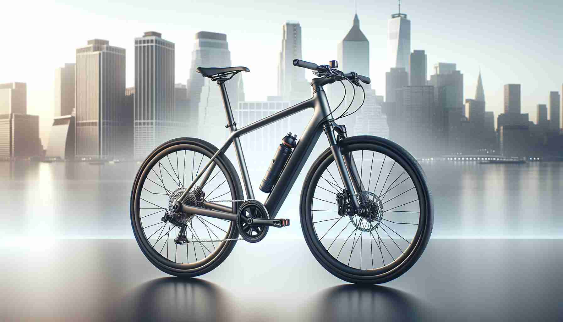 Render a realistic high-definition image of an urban commuter bicycle known as the 'Crosscity+'. The bike should be designed for the ultimate urban commuting experience. Features may include a sleek, aerodynamic design, durable frame appropriate for city streets, comfortable saddle, smooth gear transitions, and integrated lights for visibility. The backdrop should showcase a cityscape, indicating that the bicycle is specifically designed for urban commutes.