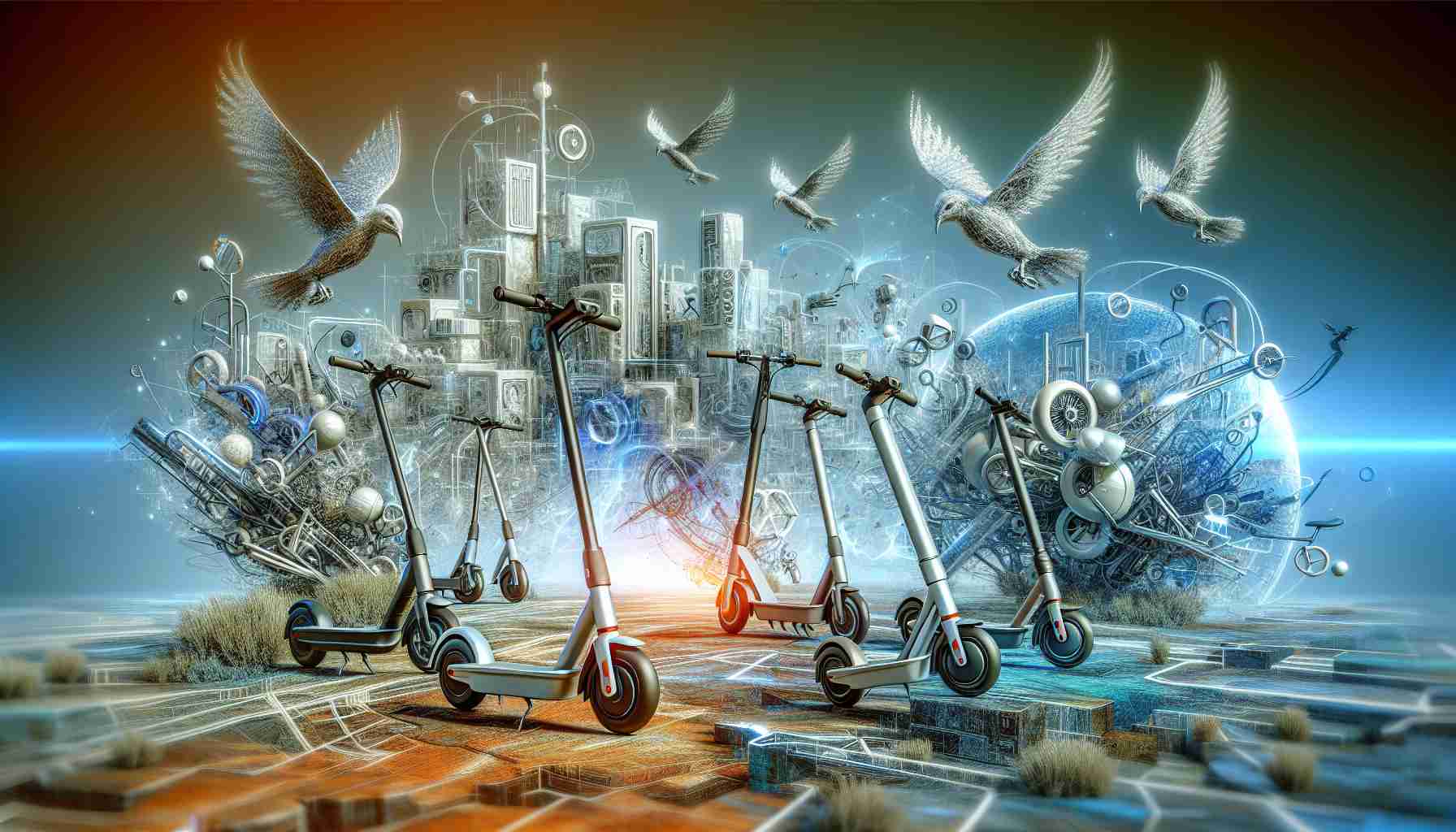 Generate a high-resolution image representing a conceptual take on the 'electric scooter wars'. Feature various models of electric scooters strategically placed, as if in a battle. Include a backdrop of an undetermined future landscape, filled with a mix of futuristic and traditional elements, to signify the evolving transport industry's uncertainty.